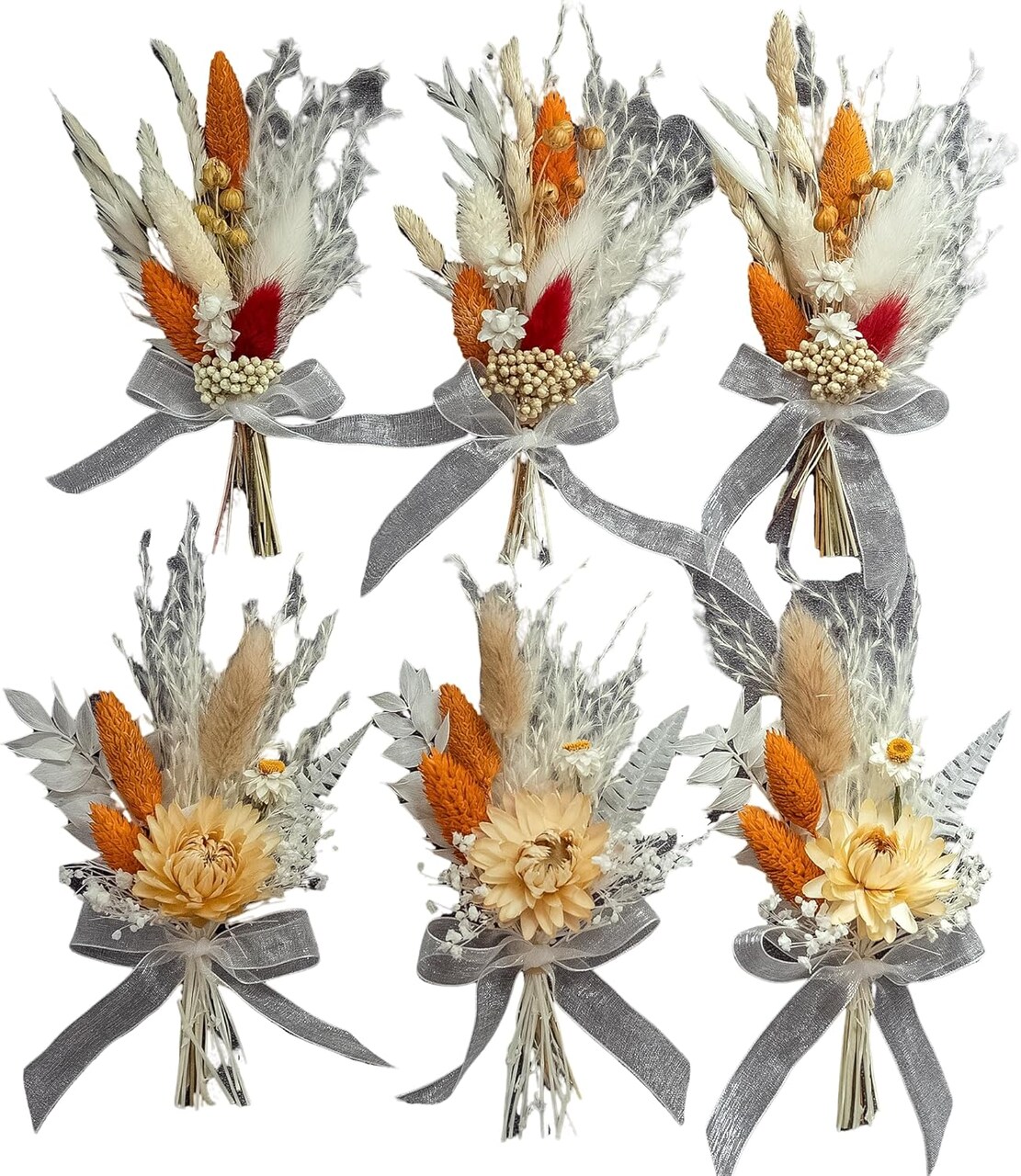 Mini Dried Flowert Set (Pack of 6), Orange Small Bouquet, Pampas Small Bouquet